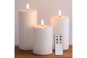 Eywamage White Flameless Pillar Candles with Remote, Flat Top LED Battery Candles Real Wax Flickering Set of 3