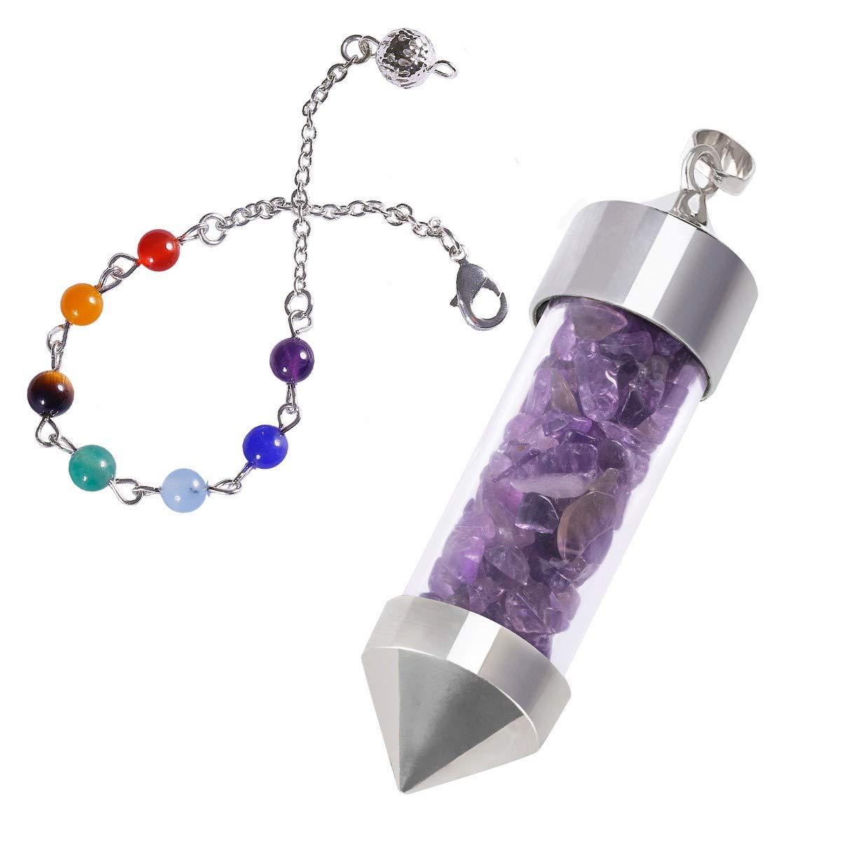 mookaitedecor Amethyst Crystal Pendulum Bottle Crystal Pendant Necklace Chips Crystal Point Pendulum for Dowsing Scrying Divination Reiki Healing Crystal Pendulum with 7 Chakra Bead Chain