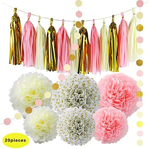 20PCS DIY Decorations Kit For Baby Shower Decoration Wedding Nursery Decorations Bridal Shower - Black White Gold Tissue Paper Flowers Tissue Pom Pom Paper Tassel Polka Dot Paper Garland