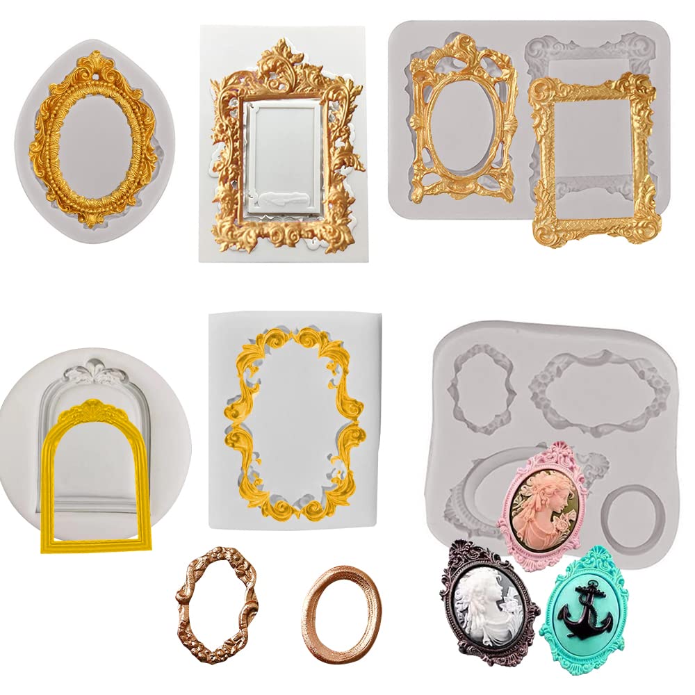 6 PCS Vintage Frame Silicone Mold, Baroque Style Fondant Cake Decorating Mould, 3D Curlicues Scroll Lace Photo Frame Molds for Sugar Gum Paste Chocolate Cookies Resin Polymer Clay