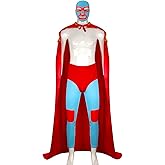 HLENOK Mexican Wrestler Costume Adult Men Cape with Mask Crazy Priest Red Long Cloak Halloween Party Cosplay Outfits