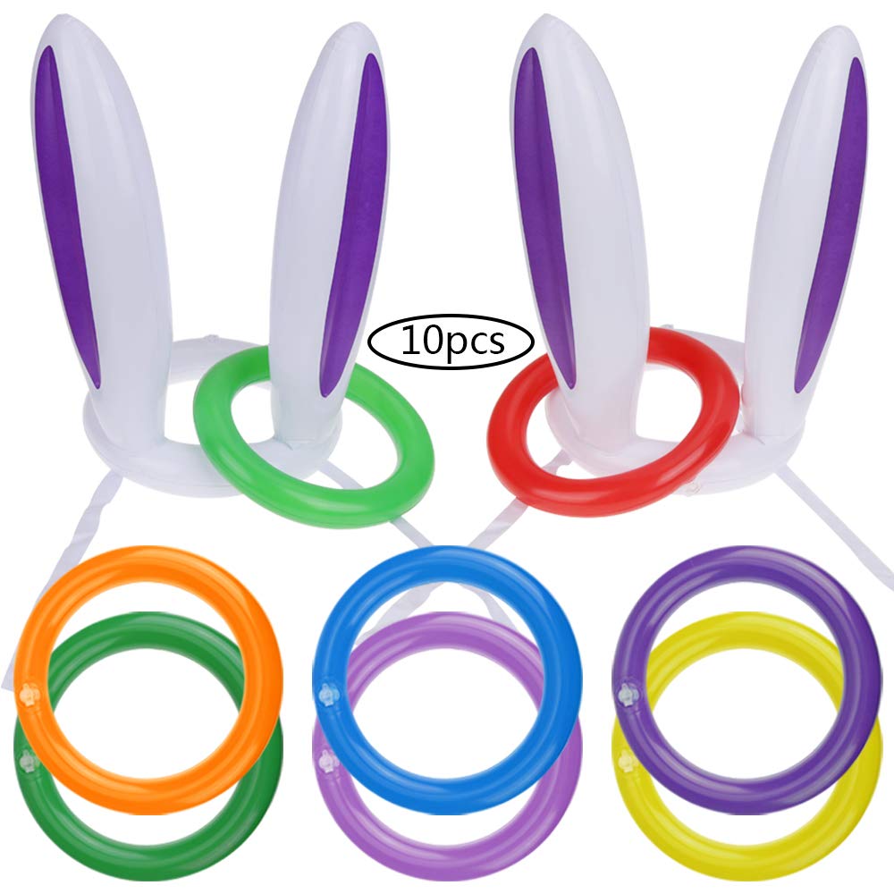 Goldge 2pcs Easter Inflatable Bunny Rabbit Ears Hats with 10pcs Rings