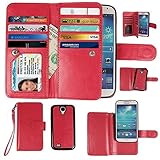 xhorizon Premium Leather Folio Case [Wallet Function] [Magnetic Detachable] Fashion Wristlet Lanyard Hand Strap Purse Multiple Card Slots Cash Compartment Pocket for Samsung Galaxy S4 (I9500)