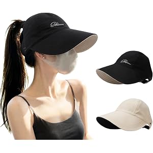 Qzkouma Women's UPF 50+ Sun Visor Hat - Reversible Ponytail Cap | Lightweight 61g Open-Top Beach Hat with Face-Slimming Wide