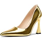 HDEUOLM Womens Stiletto High Heel Square Toe Pumps Slip-on Office Dress Patent Leather 3.9 Inches Heels