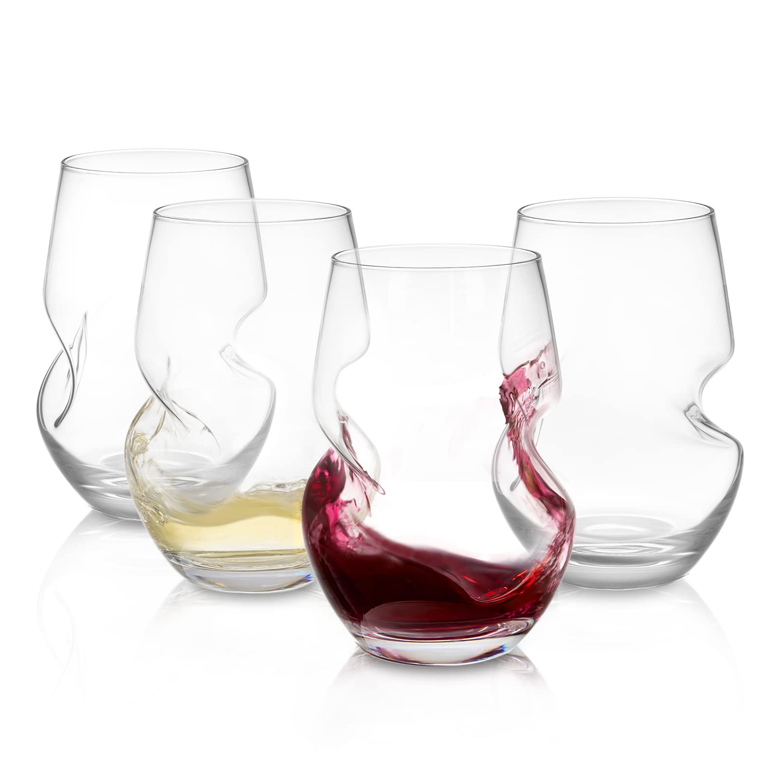 Joeyan Stemless Wine Glasses Set of 4-400ml Red White Wine Cups - Curve Design Crystal Wine Tumblers with Finger Grip for Wine Tasting, Wedding, Anniversary, Party Gifts