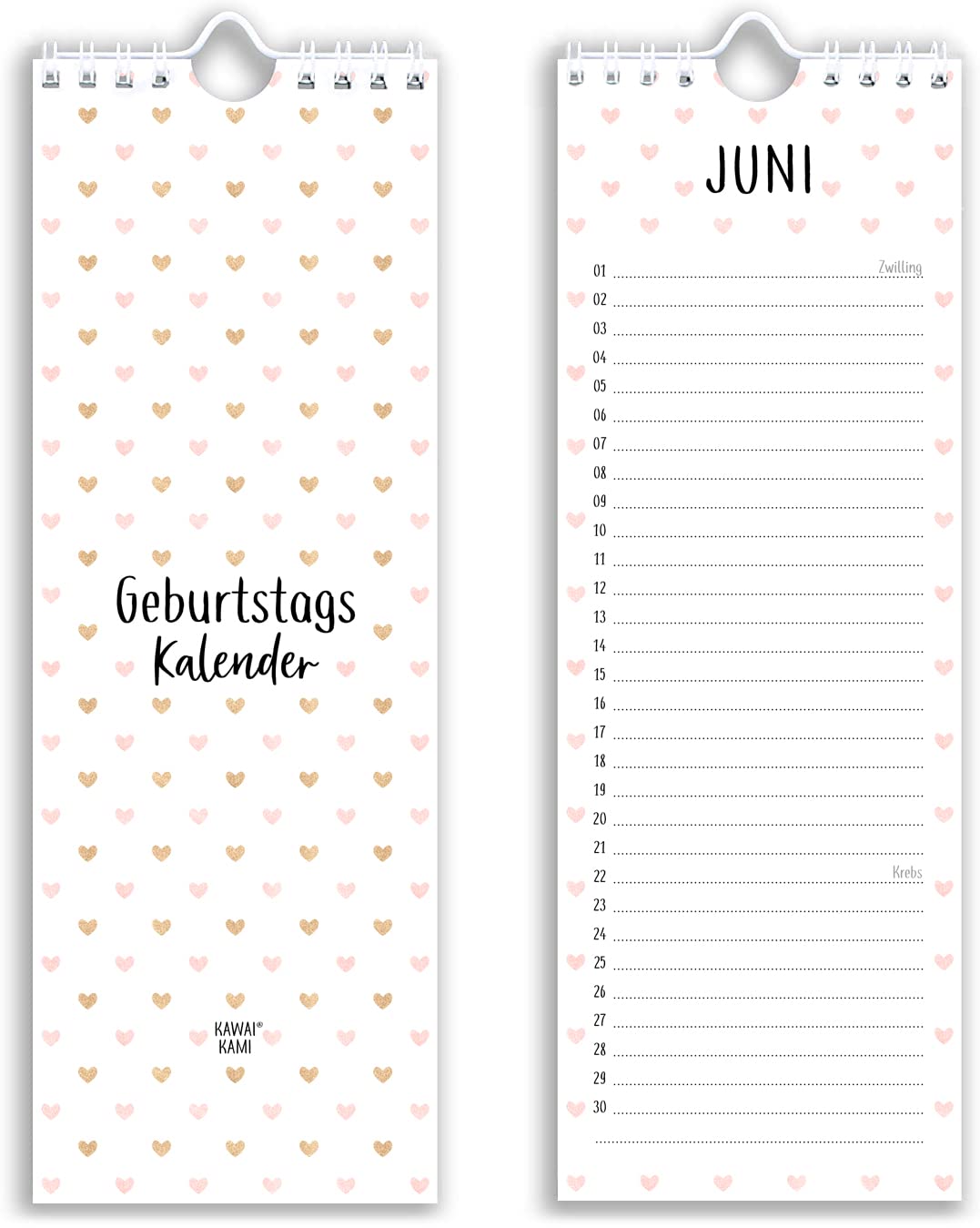 Birthday Calendar, Year-Independent, Perpetual Calendar for Birthday, Perpetual Calendar for Women, Children, Family and Office, Cute and Romantic with Zodiac Signs. Sustainable. Heart Motif