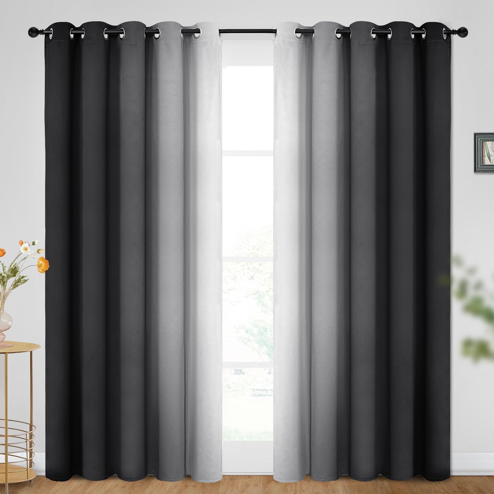 SimpleHome Ombre Room Darkening Curtains for Bedroom, Gradient Black to Grey White Light Blocking Thermal Insulated Grommet Window Curtains/Drapes for Living Room,2 Panels, 62x96 inches Length