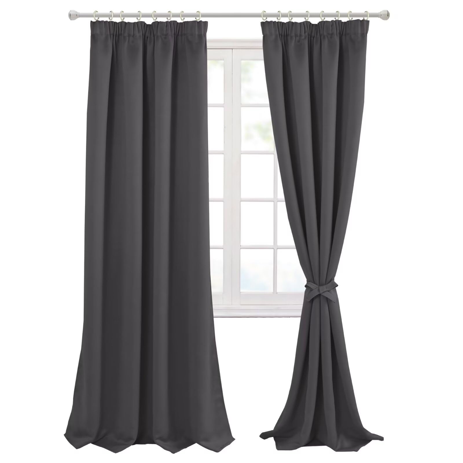 Hiasan Pencil Pleat Blackout Thermal Insulated Curtains, Bedroom and Living Room with Tiebacks, Energy Saving and Noise Reducing, 2 Panels, 66 x 90 Inch, Dark Grey