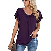Iandroiy Women's Casual Shirred V-Neck Top Ruffle Short Sleeve Shirts Basic Pleated Top