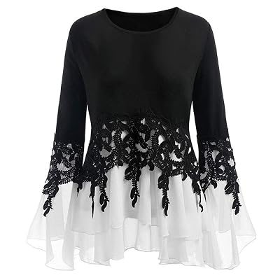 DONTAL Tops for Women Patchwork Plus Size Applique Chiffon Hem V-Neck Blouse Long Sleeve Tunic