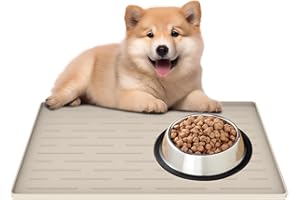 CINEZUN Silicone Pet Feeding Mat for Dogs & Cats, 16" x 10" Waterproof Non-Slip Dog Bowl Mat with High Raised Edge to Prevent Spills, Easy Clean Pet Food Mat for Floors, Beige Gray