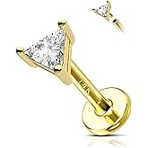 COCHARM 14K Real Gold Helix Cartilage Conch Earring, 16g Flat Back Triangle Tragus Piercing Jewelry, Solid Gold Lip Ring Stud, Yellow Gold Labret Jewelry