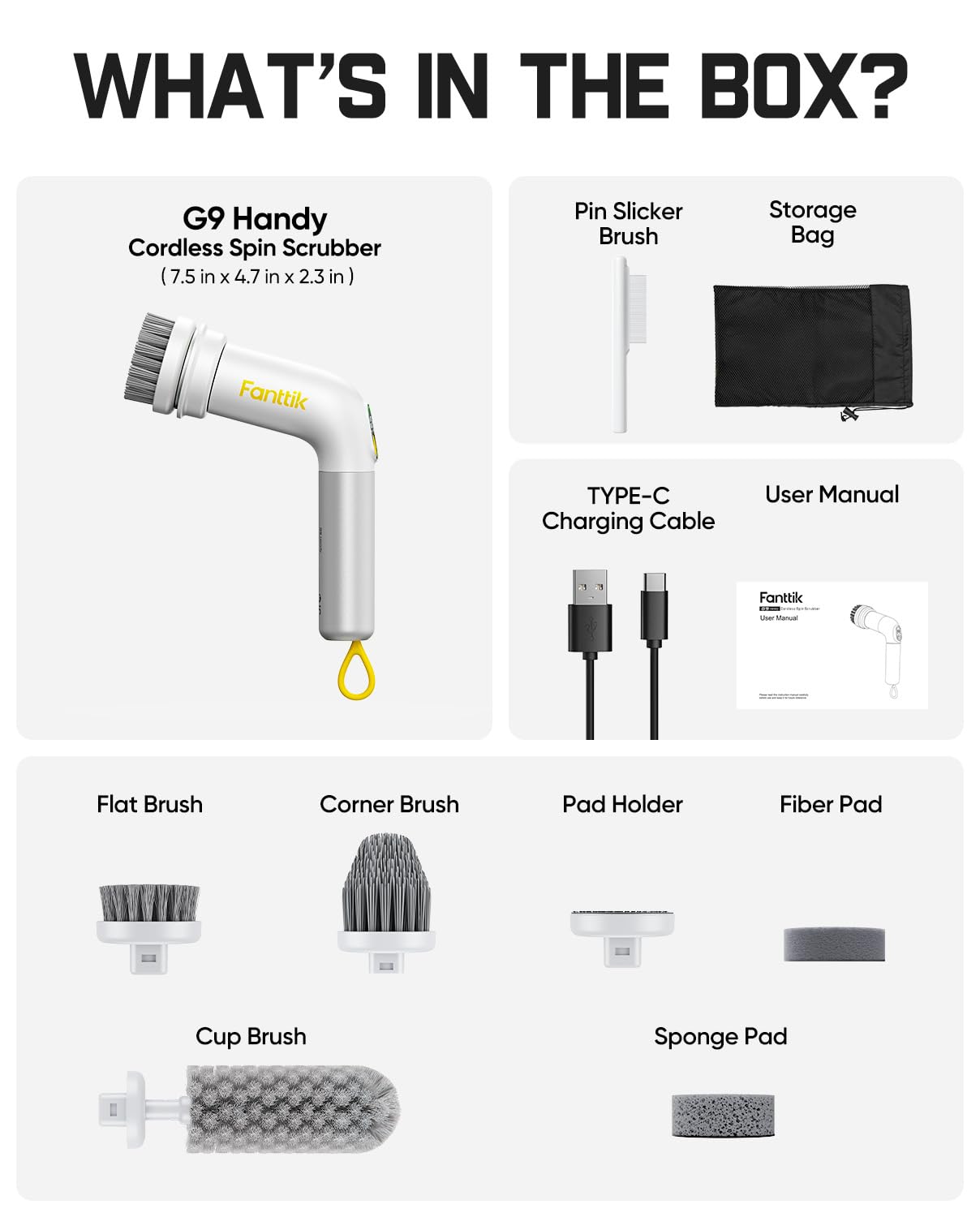 Fanttik G9 Handy Cordless Electric Spin Scrubber, MagnaStorm Motor, Dual-Speed, 5 Brush Heads, LED Display, IPX7 Waterproof, 2500mAh with Type-C Charging, for Kitchen, Sink, Tile, Stove- White