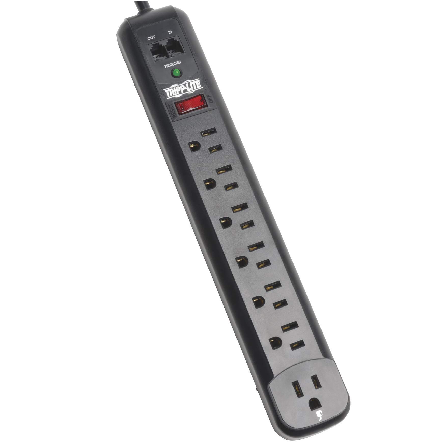 Tripp Lite7 Outlet (6 Right Angle 1 Transformer) Surge Protector Power Strip, 6ft Cord, Tel/Modem, & $50K INSURANCE (TLP76RBTEL), Black