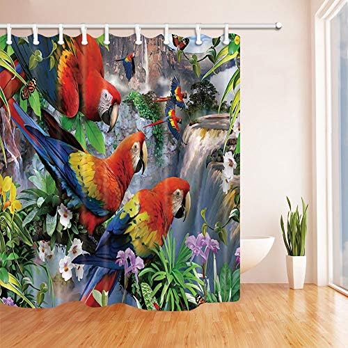 Exotic Birds Parrot Shower Curtains Parrots on Branches Full with Flower Besides Waterfall Mildew Resistant Fabric Bath Curtain Shower Hooks180X180CM