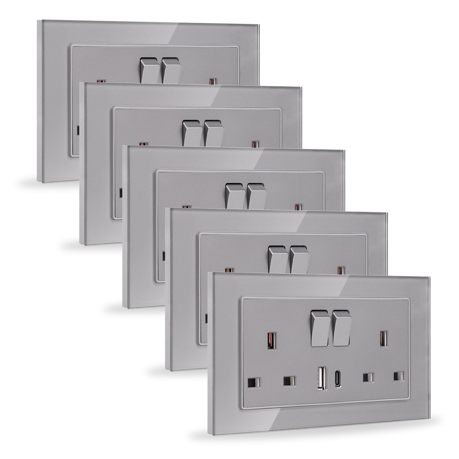 JIMEIDA 5 Pack 20W Grey Double Switched Socket Fast Charging 13 Amp with USB A and USB C Charging Ports Crystal Glass Panel Wall Outlet,250V