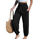 CUPSHE Women Pants with Pocket Smocked Waist Wide Leg Ruffle Loose Fit Pant Casual Beach