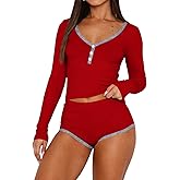 REVETRO Womens Sexy V Neck Pajama Sets Spring Long Sleeve Lounge Sets 2 Piece Crop Top PJ Shorts Y2k Pajamas