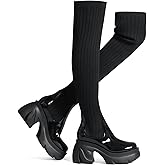 Shoe'N Tale Thigh High Boots for Women Round Toe Platform Heeled Stretch Knit Over the Knee Boots