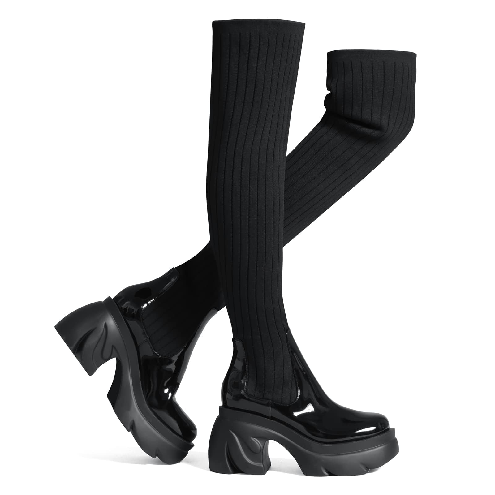 Photo 1 of Shoe'N Tale Thigh High Boots for Women Round Toe Platform Heeled Stretch Knit Over the Knee Boots(9,Knit Black)