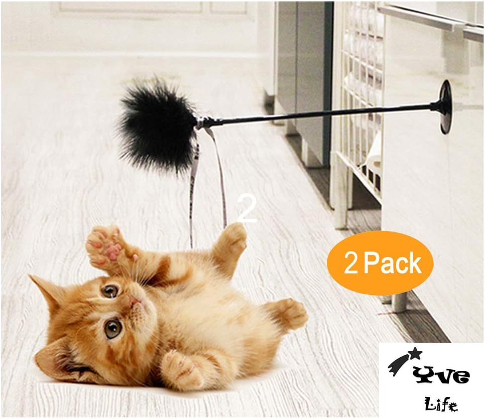 Yvelife Interactive Cat Teaser Feather Wand Toy with Suction Cup,2 PCS (White and Black)
