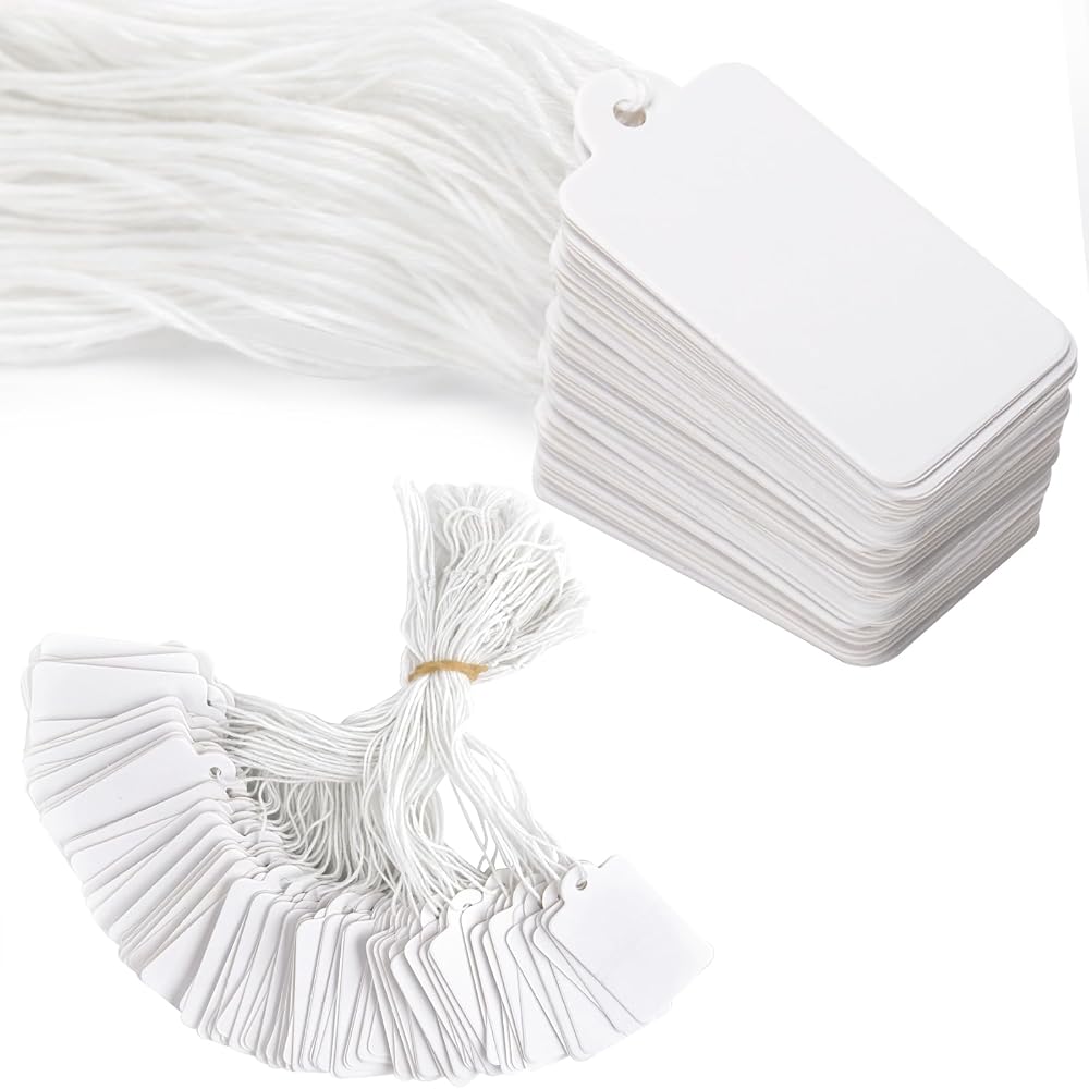 G2PLUS 500Pcs Mini Strung Price Tags 25x45mm White Double Sided with String