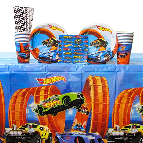 Hot Wheels Wild Racer Party Supplies Pack for 16 Guests - Straws, Dessert Plates, Beverage Napkins, Cups, and Table Cover