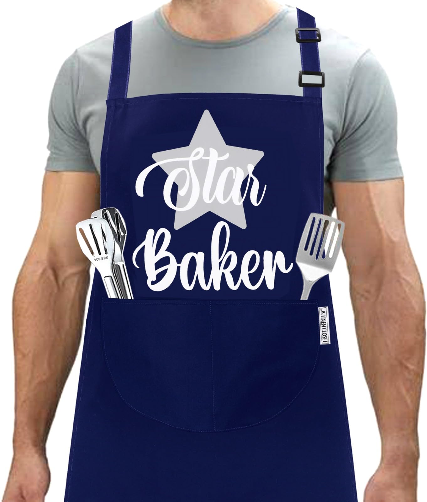 LINEN CLOSET® Baking Aprons with Pockets - Funny Baking Gifts for Men, Women, Mother, Daughter & Wife - Star Baker Apron Navy
