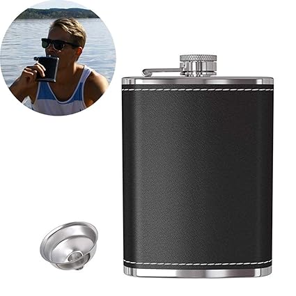 HASTHIP Pocket Hip Flask 8 oz with Funnel, Alcohol Flask, Liquor Flask Stainless Steel Black Leather Pocket Drinking Flask, 100% Leak Proof, for Liquor Shot Drinking