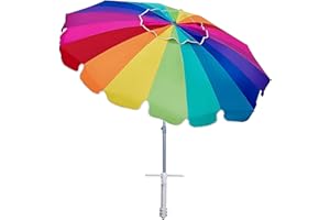 AMMSUN 7.5ft Large Heavy Duty HIGH Wind Beach Umbrella with sand anchor & Tilt Sun Shelter, UPF 50+ Protection Outdoor Umbrellas Sunshade with Carry Bag for Patio Garden Pool Backyard Rainbow