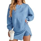 Fisoew 2 Piece Sets for Women Cotton Workout Sets Sweatshirt Top High Waisted Lined Split Athletic Skirt Set