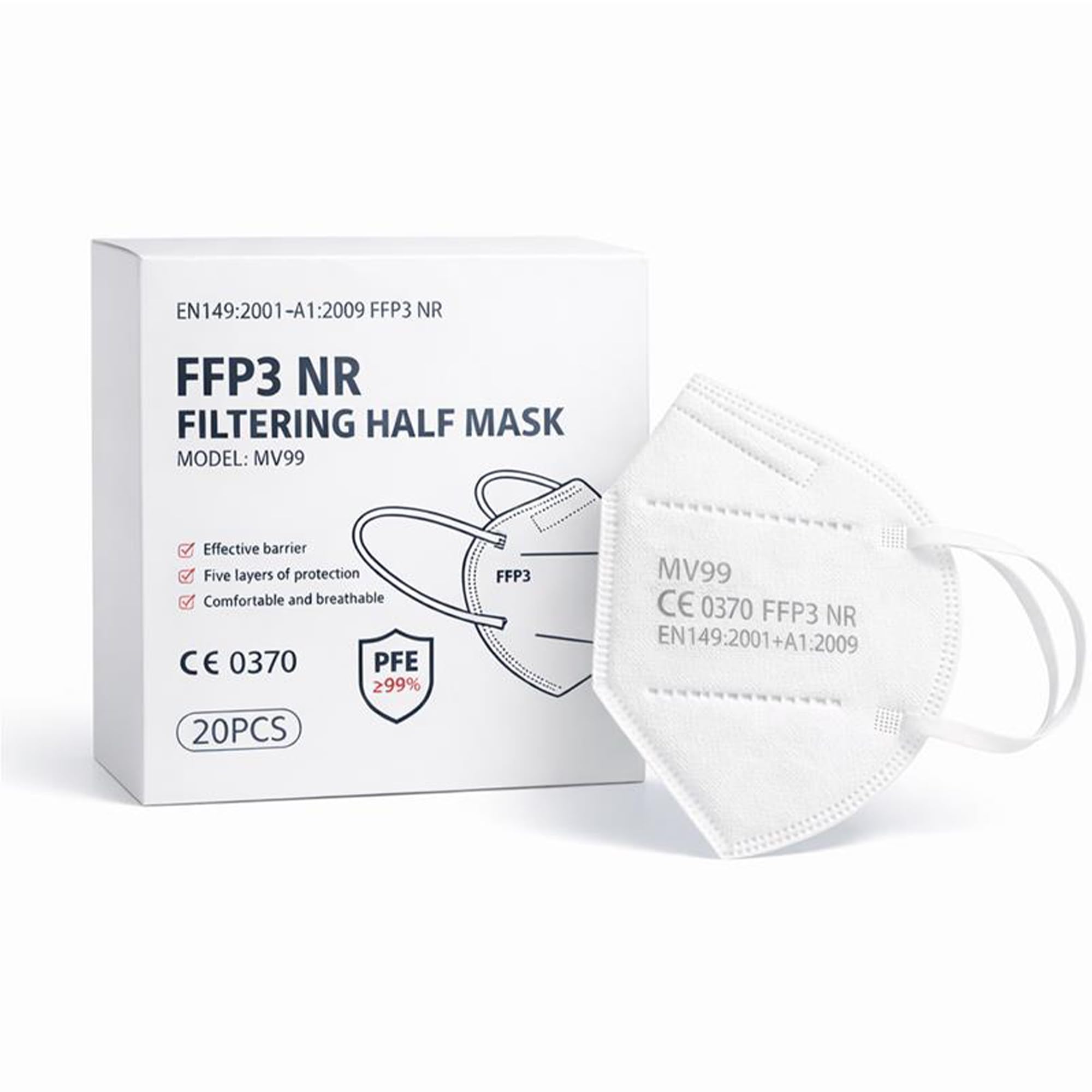 Nationwide Paper FFP3 20 Particulate Respirator Face Mask, 5-Layer High Filtration Capacity Individually Packed in PE Bag Certified EU Directive EN149:2001+A1:2009, CE 0370 (1)