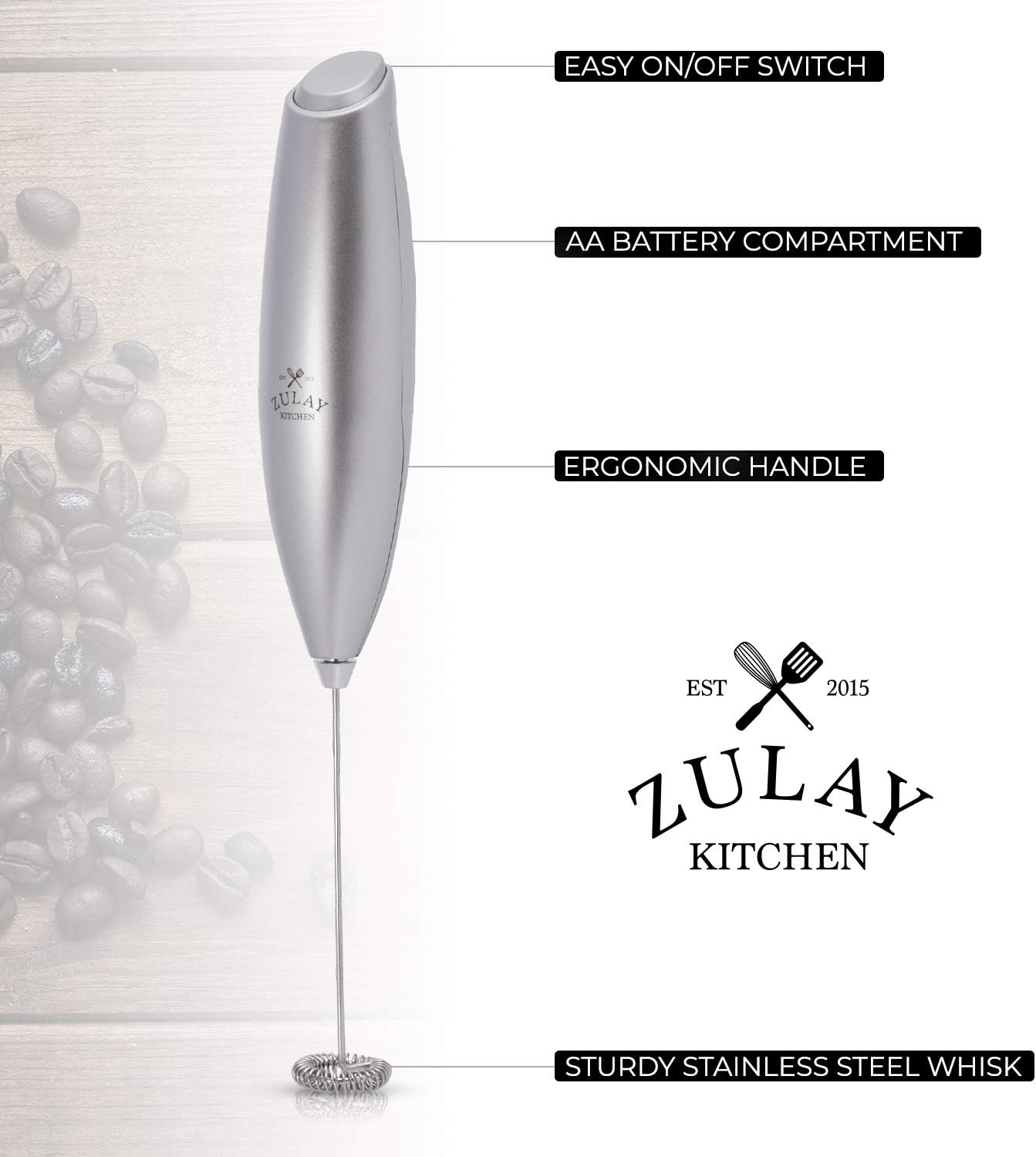 Zulay New Titanium Motor Milk Frother (Without Stand) - Handheld Frother Whisk, Milk Foamer Frother, Mini Blender for Coffee, Bulletproof Coffee, Frappe, Latte, Matcha, Budget No Stand -Titanium Silver: Kitchen & Dining