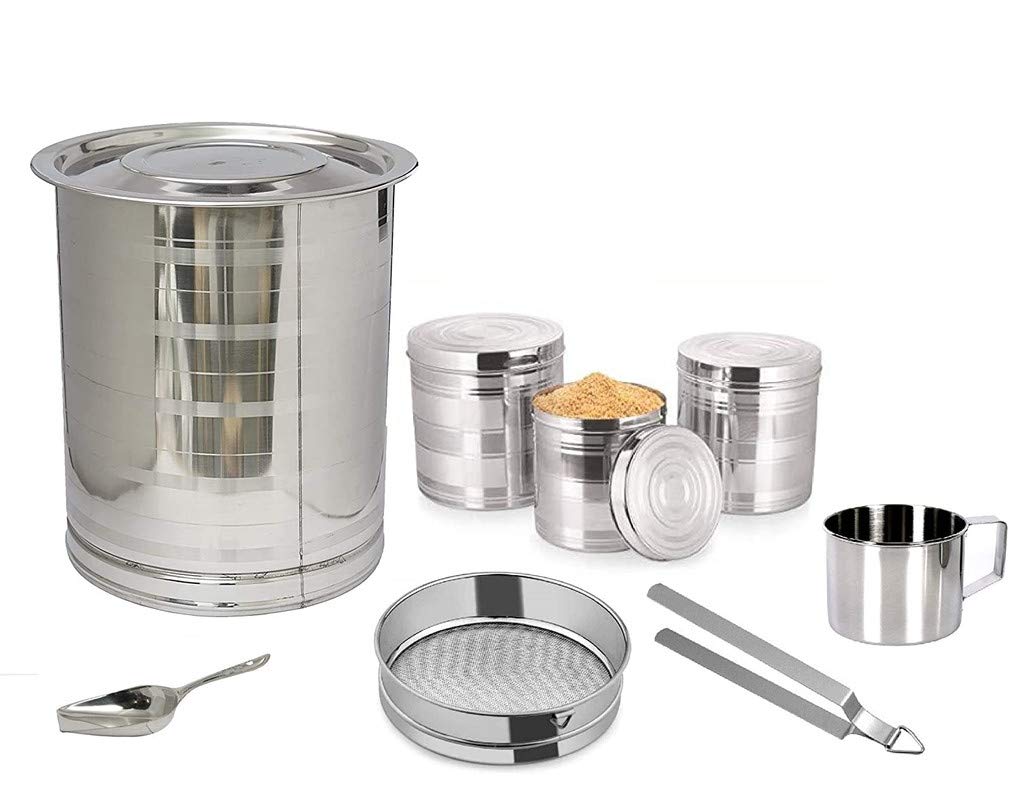 Rudraksha® Stainless Steel Storage Tanki,Roti Tong,Atta Strainer,Mug