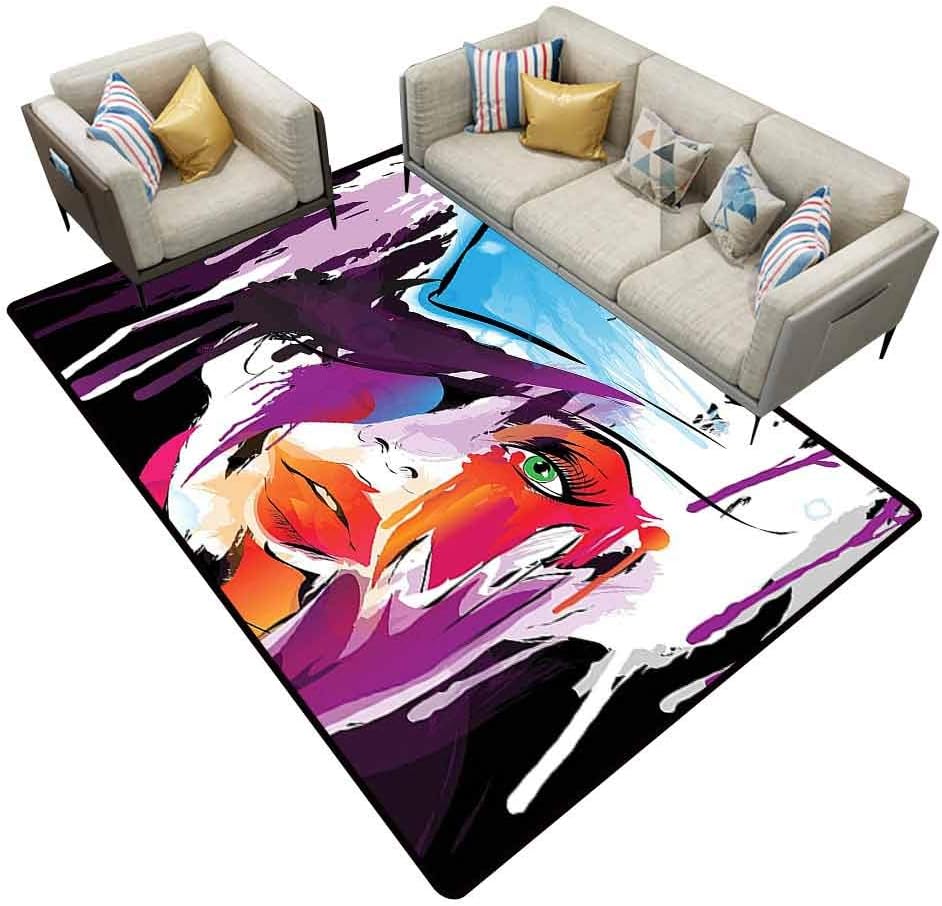 Carpet Modern Decor Artistic Woman Face with Green Eyes Leaking Hair Oil Paint Portrait Like Print Multicolor Runner Rug for Hallway Area 7'6x10'