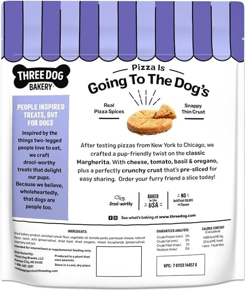THREE DOG BAKERY PUPINO’S PIZZA COOKIE CRUNCHY DOG TREATS – MARGRRRITA PIZZA RECIPE – MADE WITH REAL INGREDIENTS – 16 OZ BAG