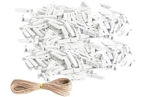 YIHUANYIFA 100pcs 1.3inch Wooden Mini Clothespins 100pcs White Chip Clips Small Clothes Pins with 33 Feet Jute Twine for Photos, Bag Clips, Crafts School, Arts Crafts Deco (White)