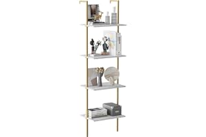 Ladder Shelf 4 Tiers Metal Industrial Bookshelf,White Marble Wood Tall Open Storage Rack and Display Shelves,Wall Mount Wide 