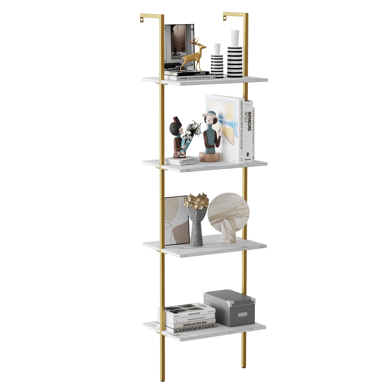 Photo 1 of Wolawu Ladder Shelf 4 Tiers Metal Industrial Bookshelf,White Marble Wood Tall Open Storage Rack and Display Shelves,Wall Mount Wide Book Case for Home Office Bedroom,Small