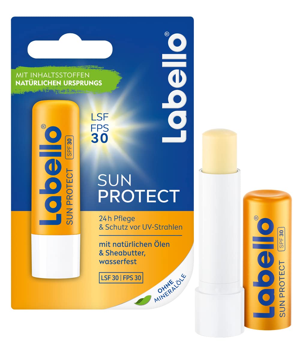Labello Sun Protect im 4er Pack (4 x 4,8 g), wasserfester Lippenpflegestift mit Sonnenschutz (LSF 30), Lippenpflege ohne Mineralöle