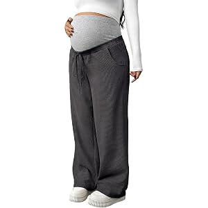 BLENCOT Maternity Pants Women Over The Belly Pockets Wide Leg Dark Grey L | Full Panel Stretchy Pregnancy Lounge Sweatpants P