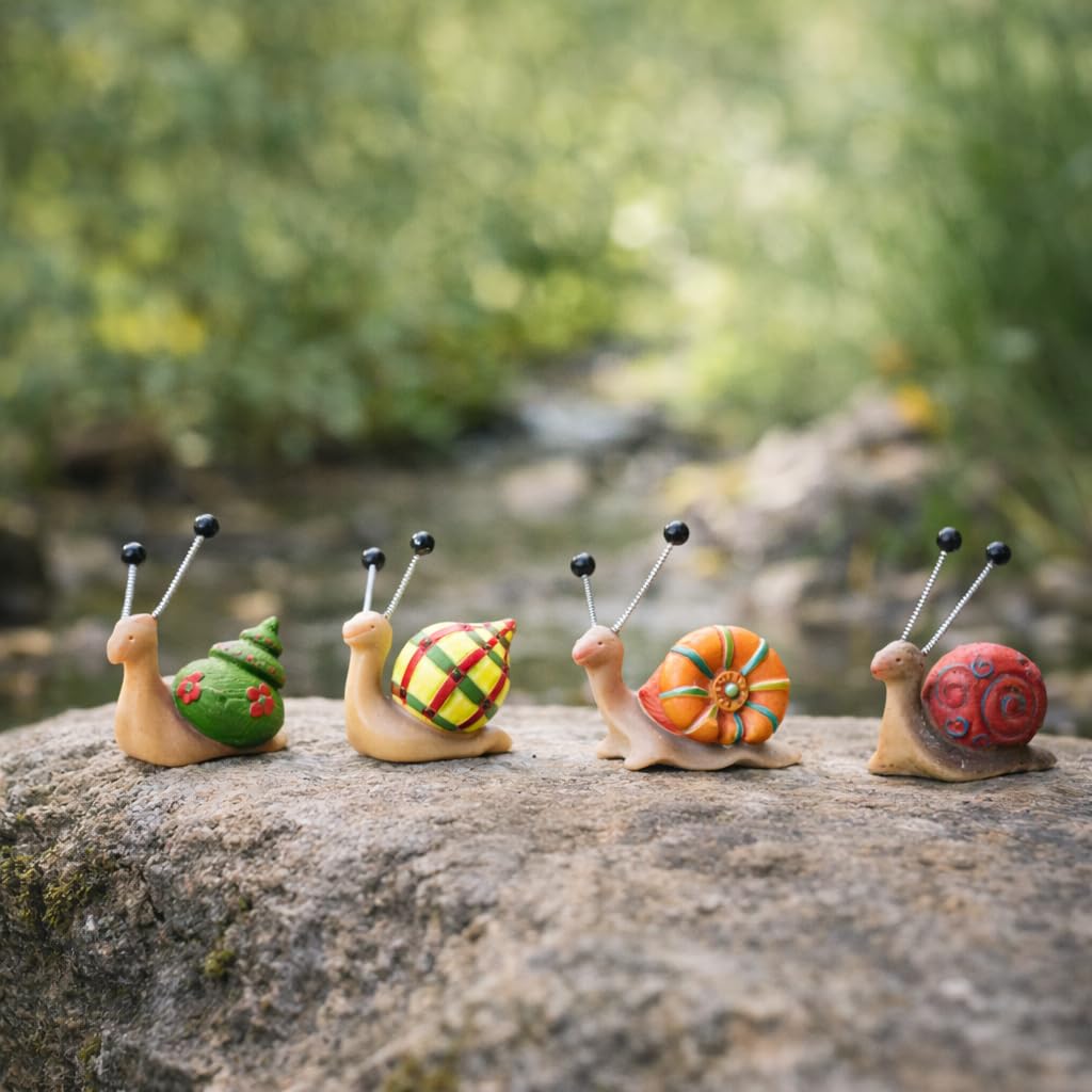HomeZone Mini Snail Ornaments Set of 4 – Colourful Resin Animal Garden Decorations with Wobbly Antennae – Small Outdoor Garden Statues for Plant Pots, Fairy Gardens, Patio & Home Décor