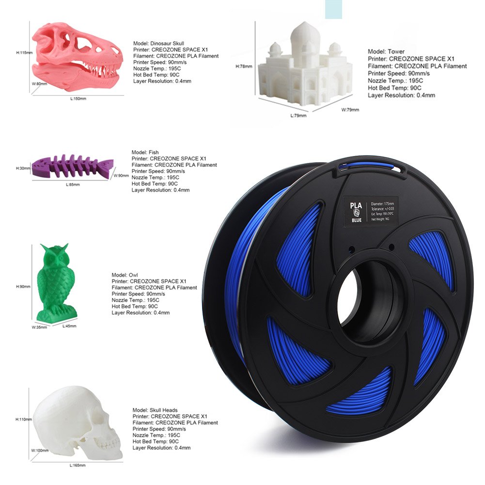 CREOZONE PLA 3D Printer Filament 1.75mm 1KG, 3D Printing Supplies, Dimensional Accuracy +/- 0.03mm, 2.2 LBS Spool, 3D Print Filament 1.75 for Most 3D Printer & 3D Pen (Blue)