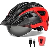 FUNWICT Adult Bike Helmet with Visor and Goggles for Men Women Mountain Road Bicycle Helmet Rechargeable Rear Light Cycling Helmet