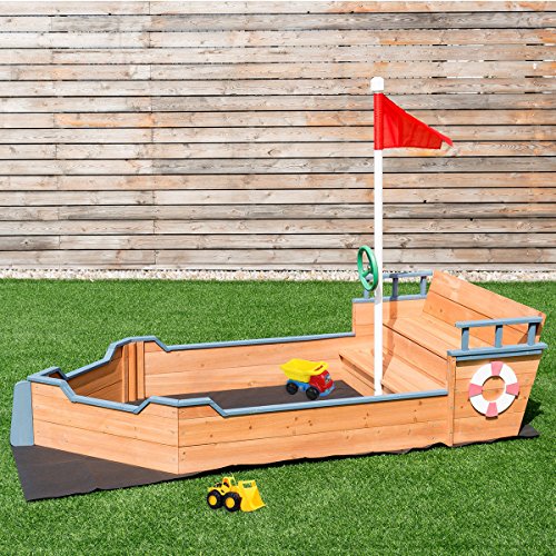 Costzon Pirate Boat Wood Sandbox for Kids with Bench Seat and Flag, Pirate Sandboat