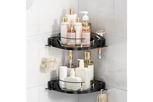 360° Rotating Corner Shower Caddy 2-Pack, No-Drill Adhesive Lazy Susan Bathroom Organizer with Hooks, Shower Storage Shelf fo