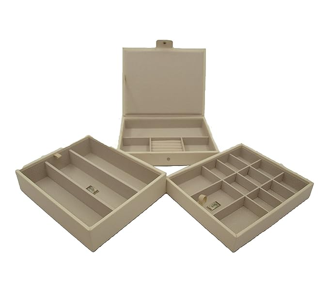 Cordays Joyero Señora 3 Bandejas Apilables con Cierre a Presión. Caja organizadora de Joyas Hecha a Mano Calidad Premium Color Crema CDL-10041A