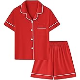 Umeyda Boys 100% Cotton Pajamas Set Kids Soft Short Sleeve Sleepwear 2 Pcs Button-Up Comfy Pjs Set for Ages 4-12