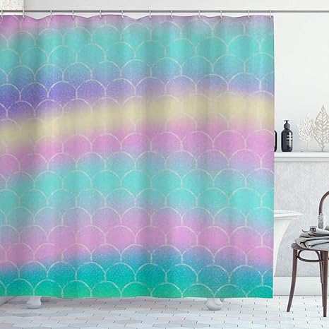 Amazon Kapanou 防水 シャワーカーテン グラデーションレインボーマーメイドスケールフィッシュテイル かわいいシャワーカーテン ユニットバス バスルーム 芸術の装飾 180cmx180cm バスフック付き 取り付け簡単 シャワーカーテン ホーム キッチン オンライン通販
